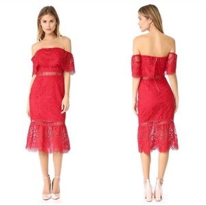 NEW NWT Saylor Cornelia Sistine Red Lace Off The Shoulder Midi Dress